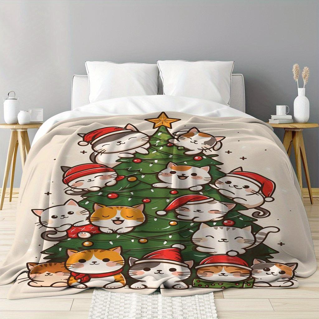 Cozy Christmas Cat Tree Print Flannel Blanket Soft Warm Throw For Naps Travel And Home Decor Holiday Gift For Family And Friends