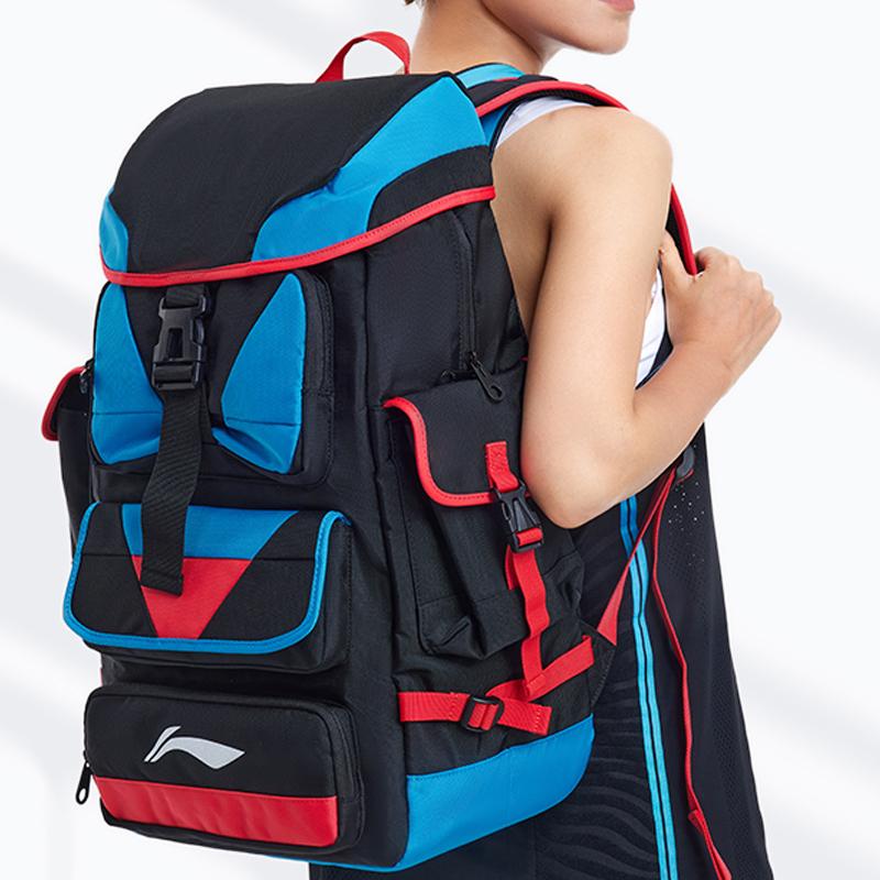 Li Ning Sports Basketball Series Casual Fashion Splicing Large Capacity Design Polyester Sports Backpack Unisex Backpack Black Blue ABSS315-1