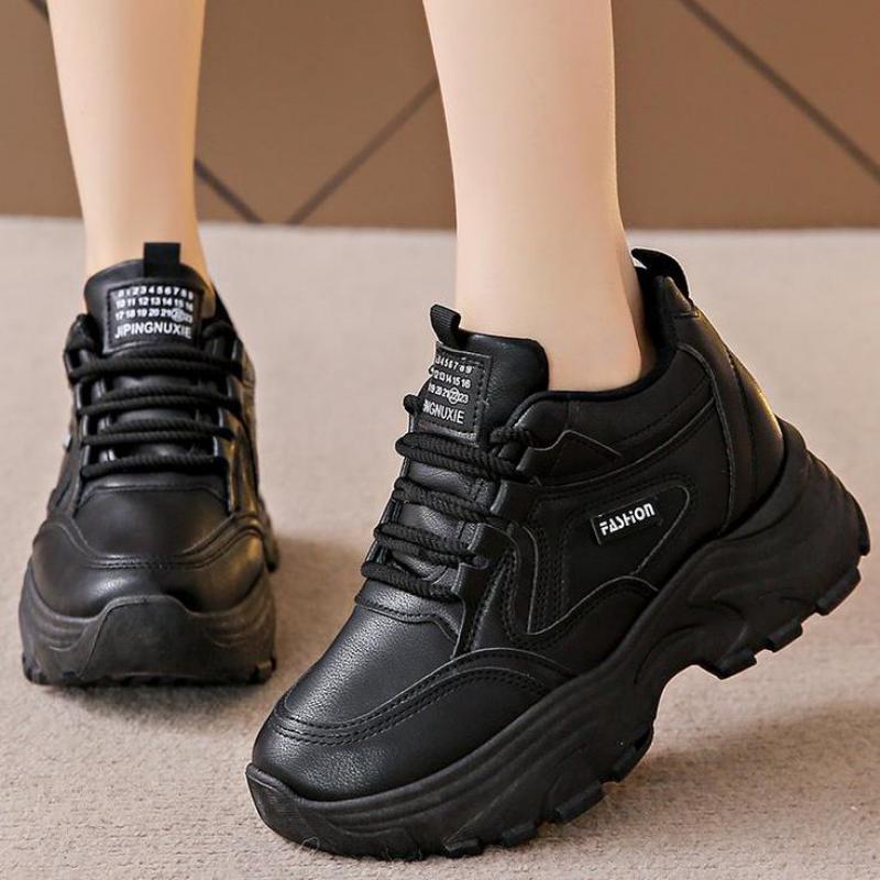 Fashion Black Leather Sneakers Platform Thick Sole Chunky Elevator Shoes Women Winter Autumn Fashion Outdoors Height Increasing Shoes
