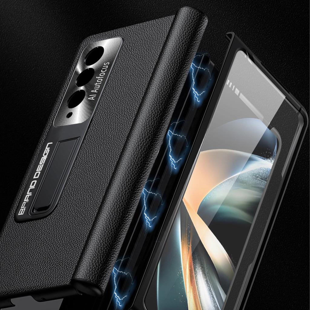 Leather Folding Case For Samsung Galaxy Z Fold 4 5g Hinge Protection Case With Magnetic Holder &Tempered Glass Slim Shockproof