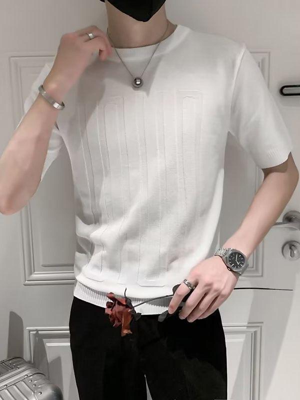 Herren Trendiges Gestreiftes Eis-Seide Slim Fit T-Shirt - Atmungsaktiv, Kurze Halbarme