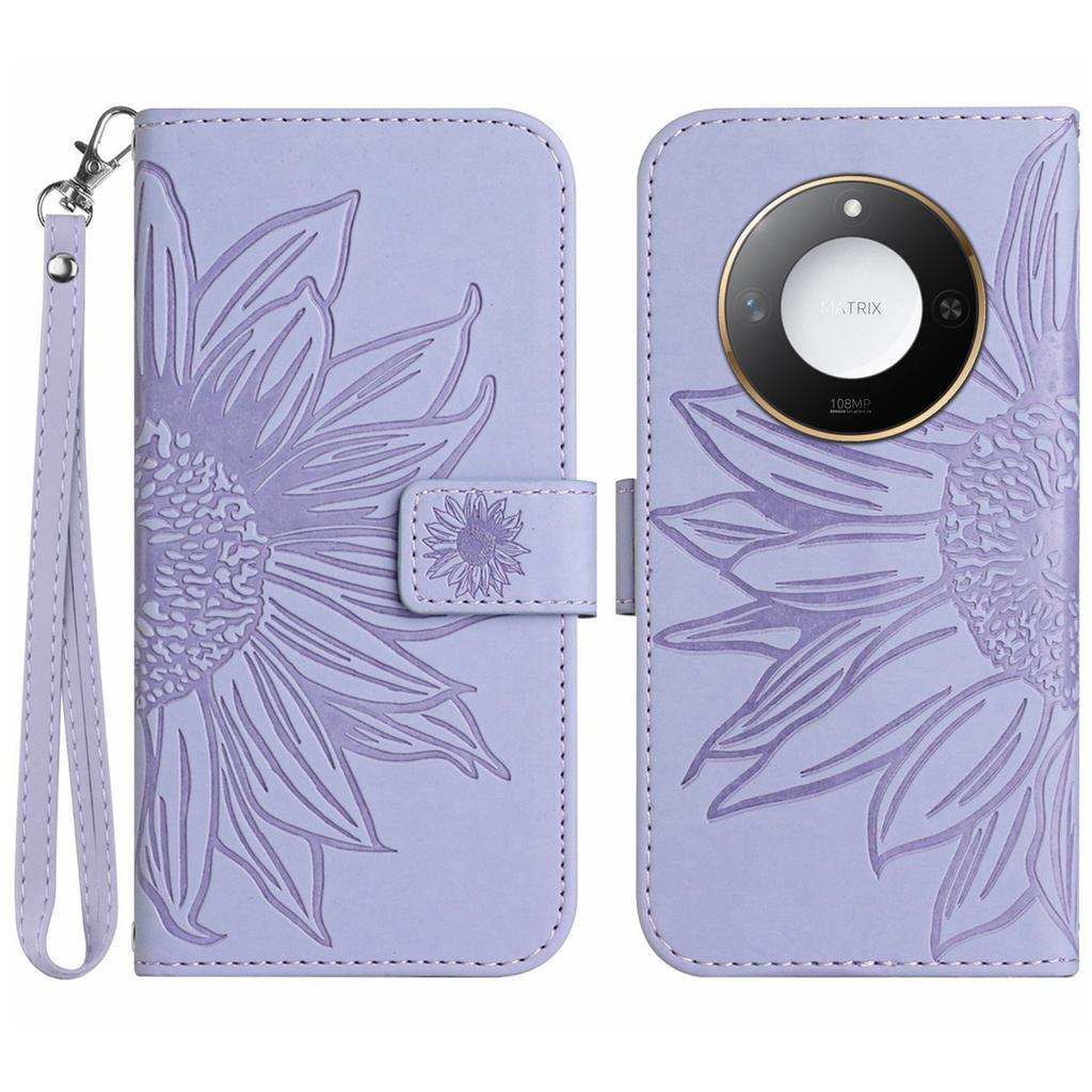For Honor X9c Smart 5G Case Sunflower Imprint Leather Wallet Phone Cover with Wrist Strap
