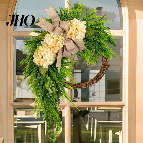 Wedding Gift Garland Artificial Hydrangea Wreath for Front Door 16 Inch Lifelike Floral Seasonal Hanging Decor with Burlap Bow Wall Party Home
