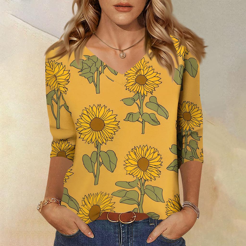 Women's Fashionable Casual V-Neck Three-Quarter Sleeve Printed T-Shirt Top
