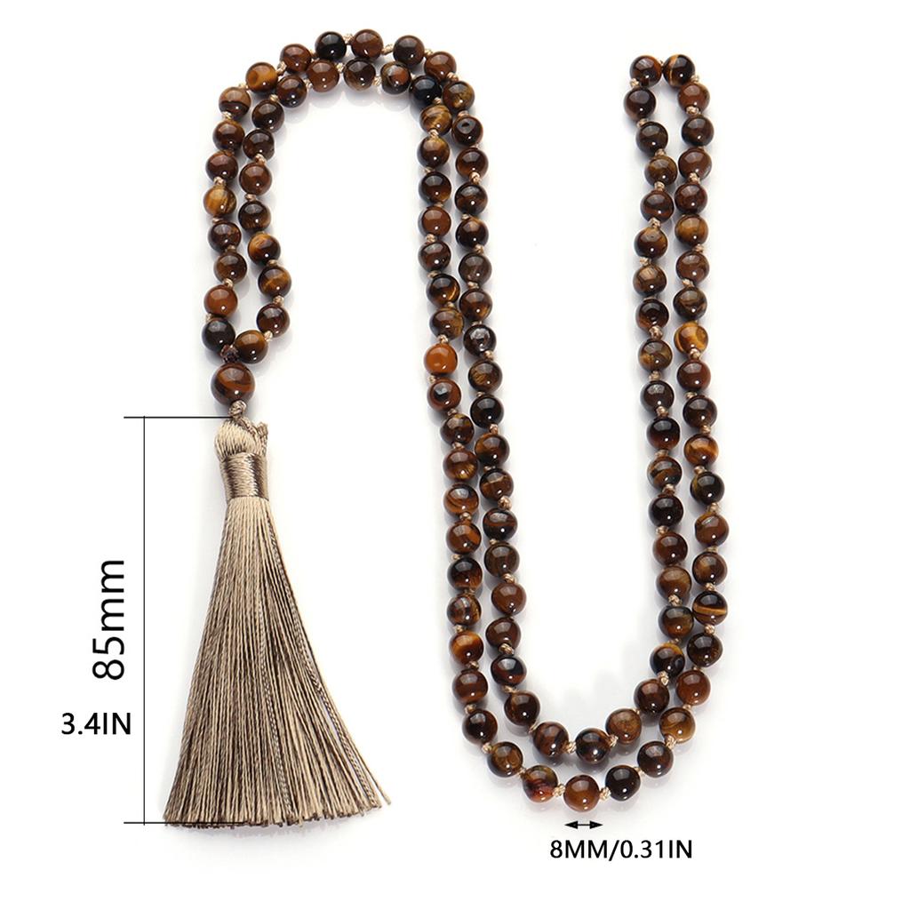 Collana con Perle di Pietra Naturale da 108 con Nodi e Nappe Occhio di Tigre Giallo per Meditazione Yoga Preghiera e Catena per Maglione