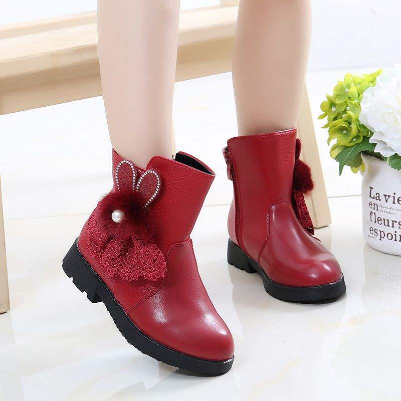 Mädchenschuhe Stiefel Kinder Kurzstiefel Herbst und Winter 2025 neue Baumwollstiefel Prinzessin zwei Baumwollschuhe Samt warm Spitze Kaninchen