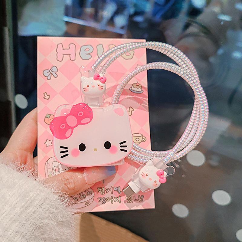 Hello Kitty Ochranný kryt na nabíjecí a datový kabel pro Apple iPhone 18/20W nabíjecí chránič proti zlomení, sada navíječů datového kabelu