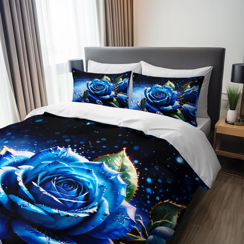 3pcs Luxury Blue Rose Bedding Duvet Cover Set Romantic Rose Bedding Quilt Set Floral Themed Bed Quilt Set Sparkling Diamonds