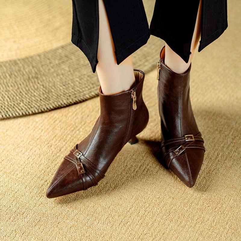 Fashion NEW Autumn/Winter Women Boots Pointed Toe Kitten Heel Shoes Split Leather Shoes Women Zip Ankle Boots Belt Buckle Modern Boots