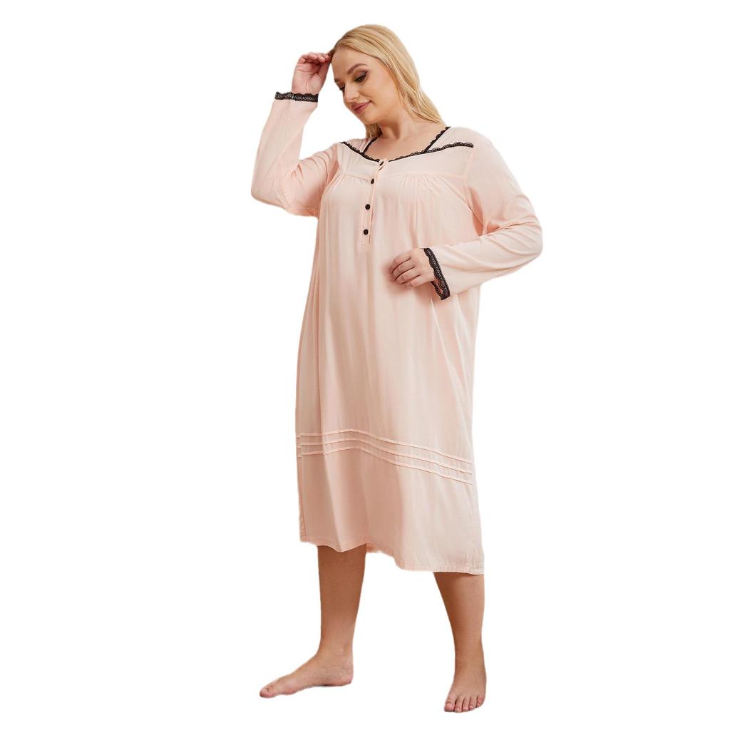 European and American large-size nightgown women's long fat mm lace edge thin long-sleeved loungewear pajamas