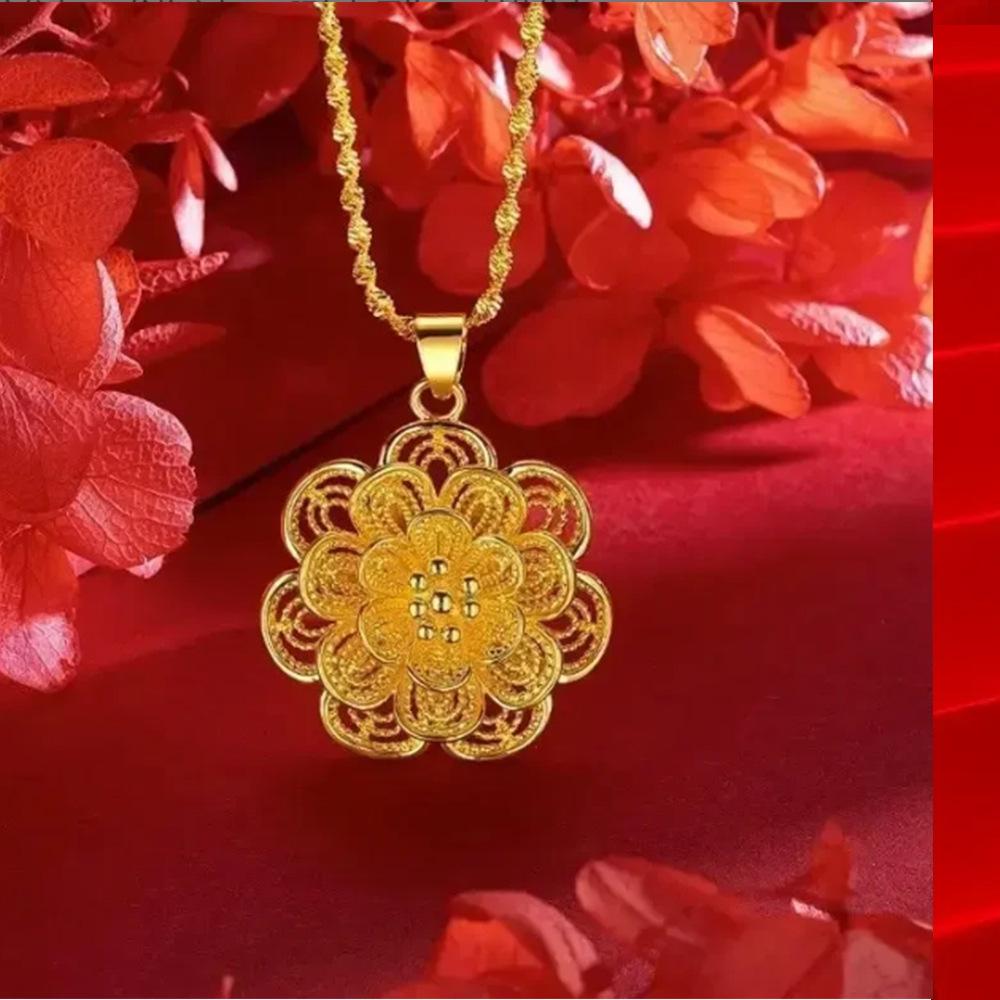 Blooming Wealth Longevity Lock Pendant with Gemstones On Black Rope Necklace