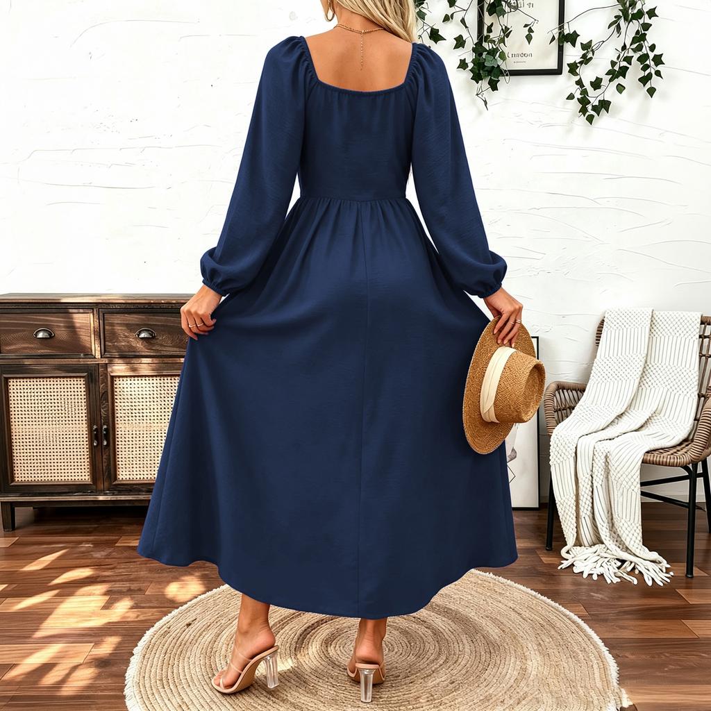 Women's Bohemian Color Square Neck Sleeve Flattering Long Dress