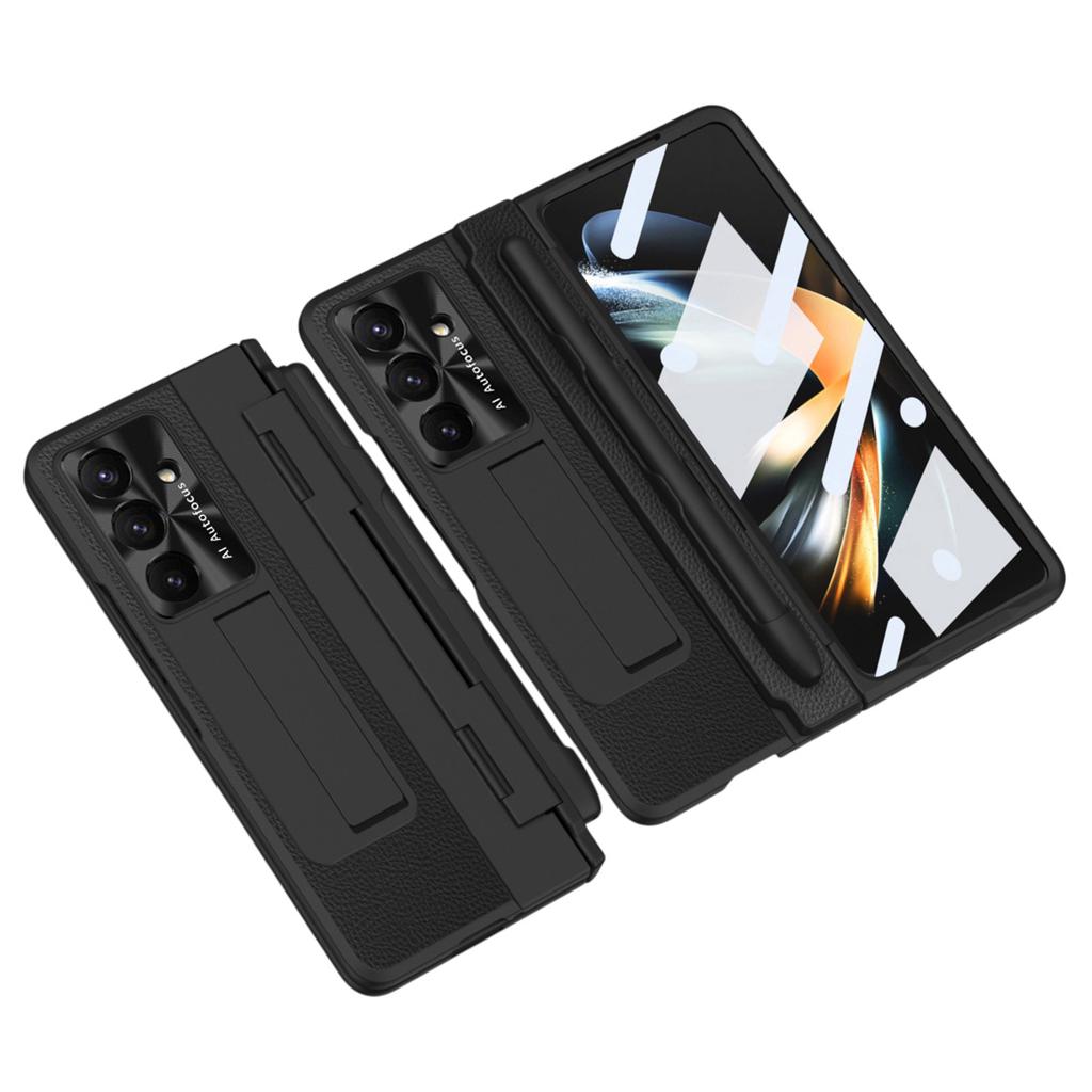 For Samsung Galaxy Z Fold7 5G Case Kickstand Leather+PC Phone Cover with Tempered Glass Film/Stylus