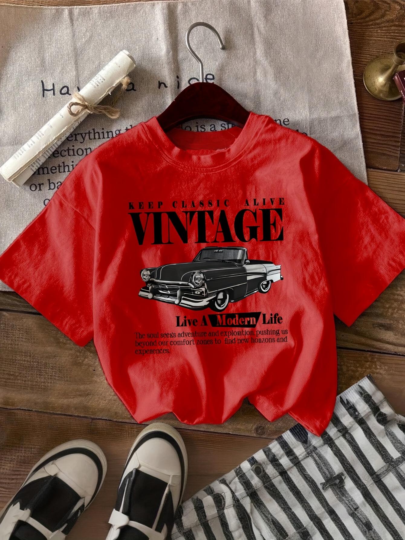 

Vintage Car Print T-Shirt Medium Stretch Knit Fabric Casual Sports Style Spring/Summer Top y2k top women clothing S