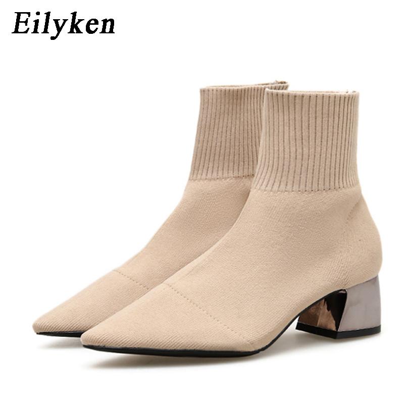 Fashion EilyKen Autumn Winter Knitted Stretch Fabric Socks Women Low Heel Short Boots Gray Pointed Toe Female Ankle Booties