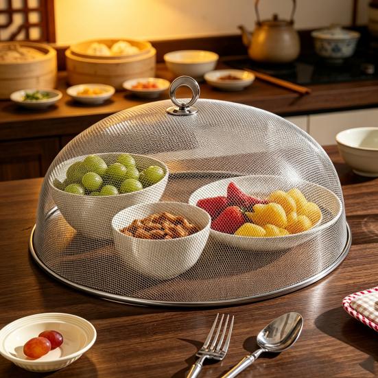 Reusable Food Net Cover for Parties Stainless Steel Mesh with Handle, Round Portable Fine Protector Outdoor Events Protector, Durable Guard Dishes And