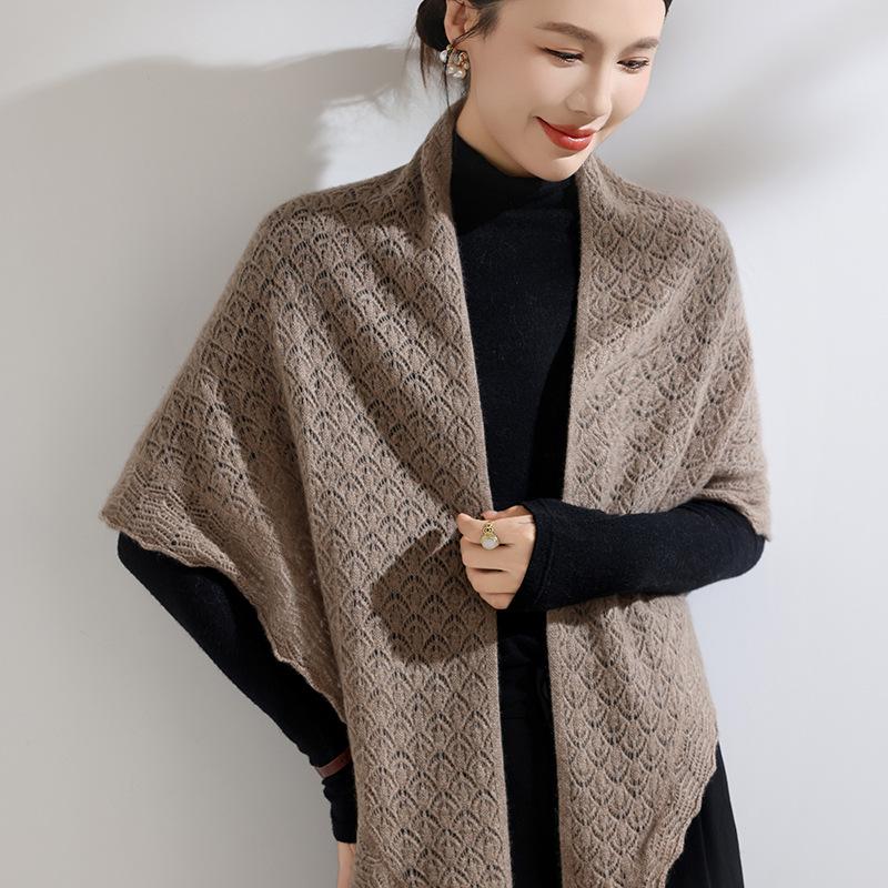 Women's 100% Pure Cashmere Hollow Knitted Shawl - Retro, Stylish & Versatile Solid Color Scarf