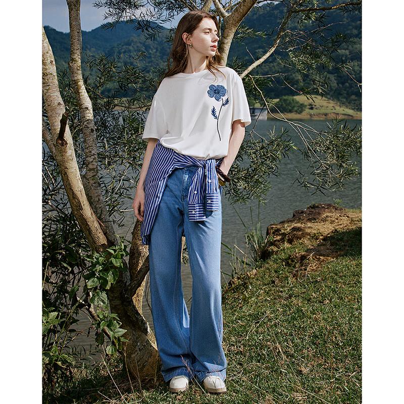 Chuyu Women's Cotton Blend Denim Patch Embroidered T-Shirt