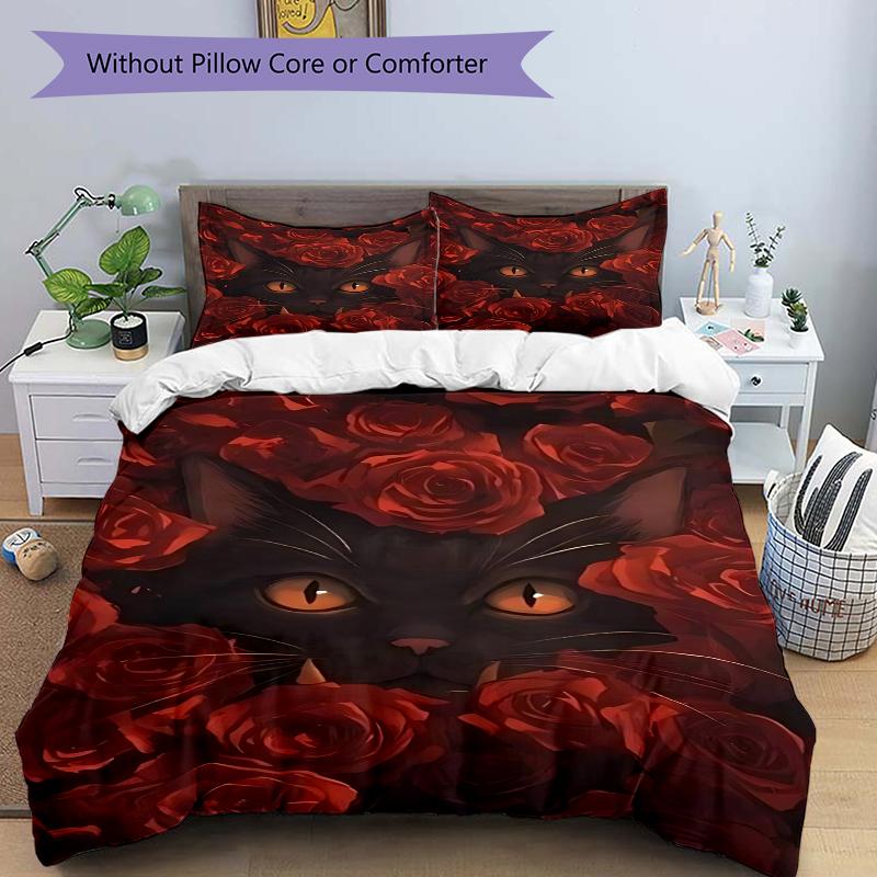 3Pcs Black Cat Roses Bedding Set Soft Fabric Duvet Cover Pillowcases Home Christmas Xmas Halloween Gift 1 Duvet Cover 2 Pillowcase G1106