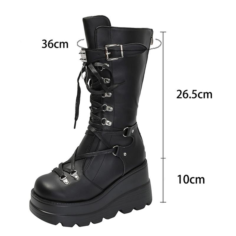 Fashion Punk Style Platform Motorcycle Boots Women Fashion Rivet Buckle Decor Combat Booties Woman Thick Sole Wedge Heel Mid Calf Boots
