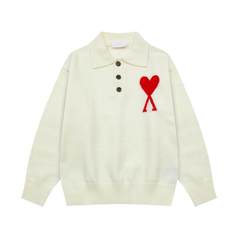 Unisex Big Heart Jacquard Knit Polo Sweater - Soft, Loose Long Sleeve Large белый