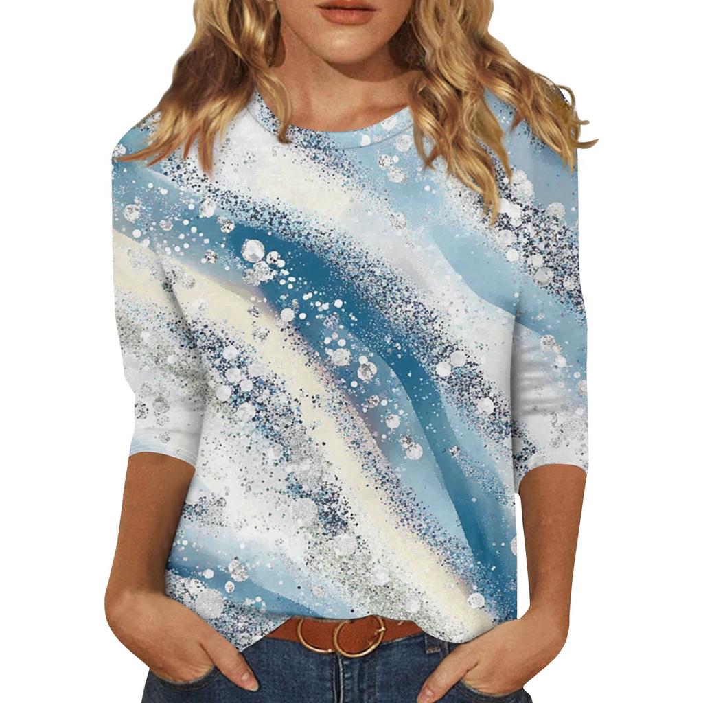 Damenmode, lässig, Rundhalsausschnitt, 3/4-Ärmel, lockeres bedrucktes T-Shirt, Damen-Top