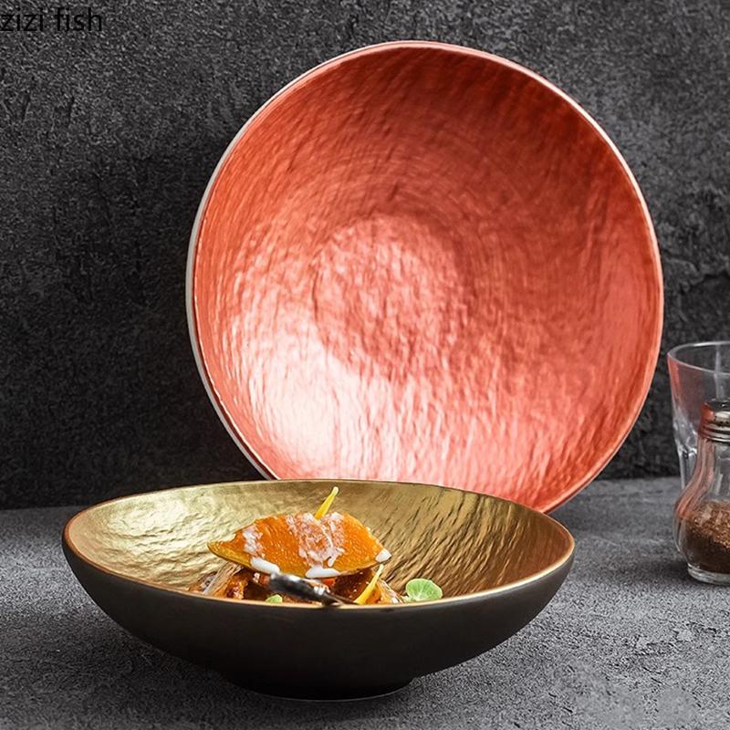 Black Gold Stone Patterned Salad Bowl Restaurant Ceramic Deep Bowl Soup Bowl Sashimi Bowls Dessert Bowls Creative Tableware