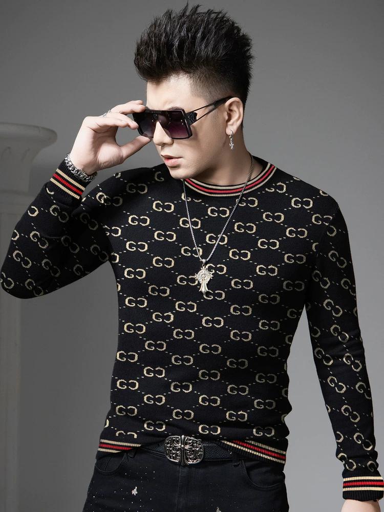 Ozhouzhan Men's Round Neck Sweater 2025 New Autumn and Winter Trendy Print Sweater Casual Knitted Bottoming Shirt