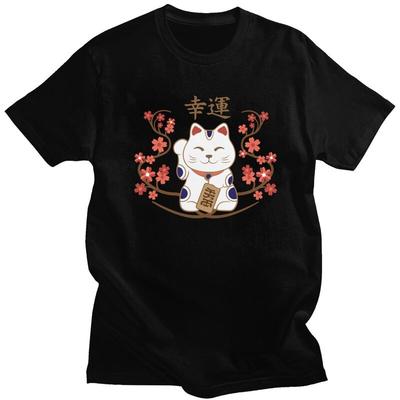 Custom Maneki Neko Cat With Good Luck Kanji T Shirts Men Tshirts Streetwear Tee Pure Cotton Slim Fit Tshirt Merch