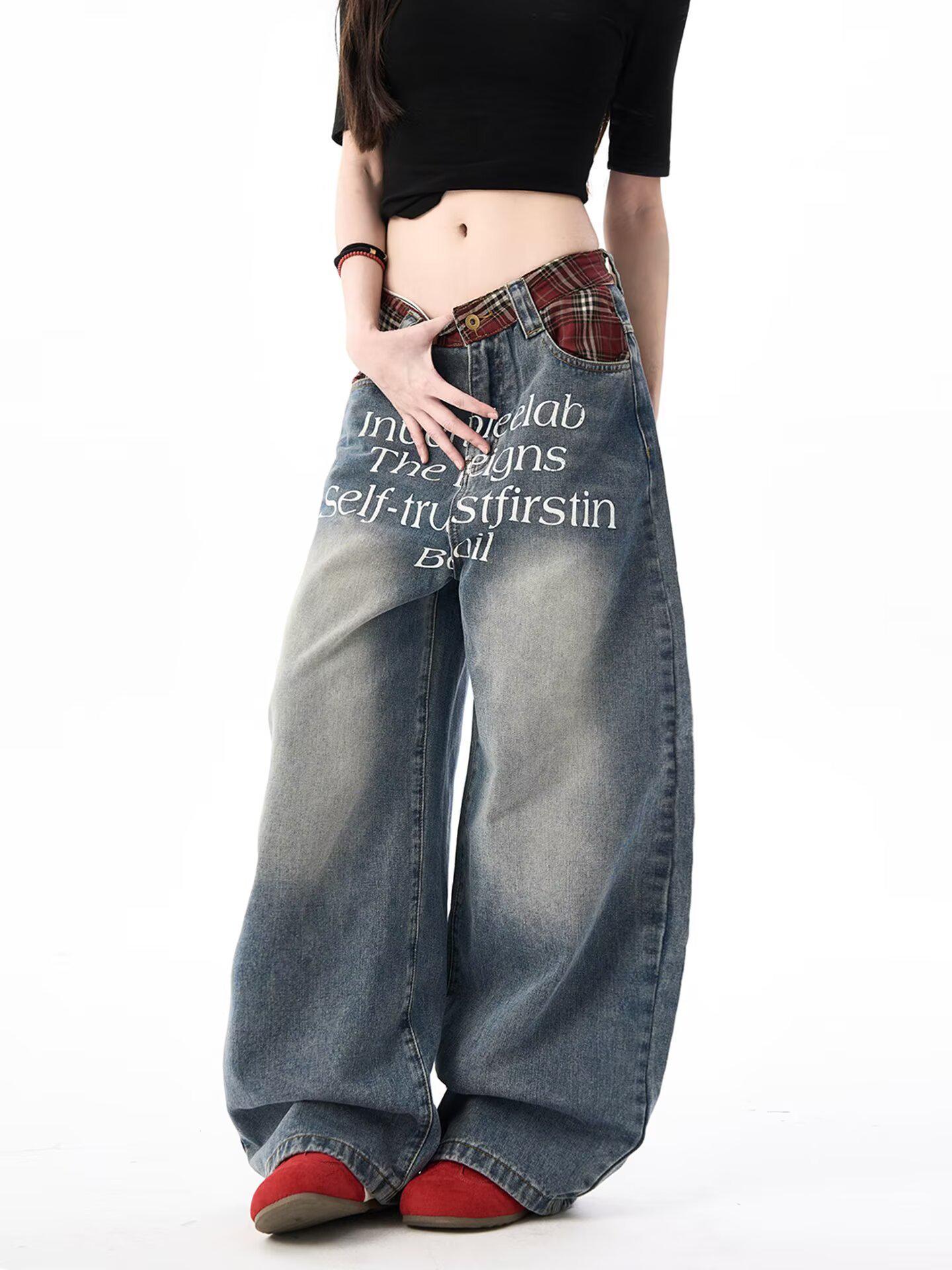 Women s Retro Wide-Leg Patchwork Jeans - Striped Plaid, Hip Hop Style. Large