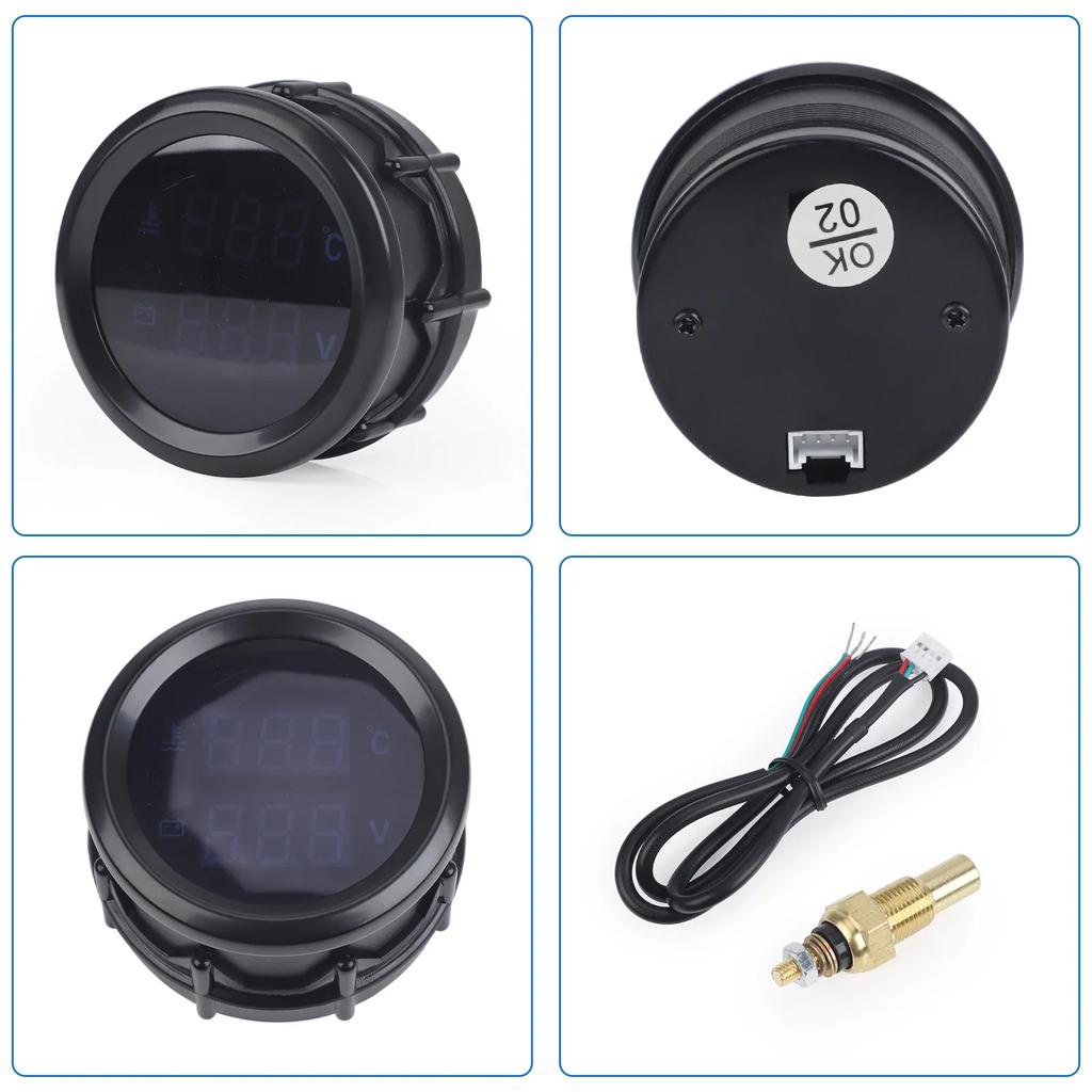 52mm Car Digital Turbo Boost Gauge Oil Pressure Gauge LED Double Display Water Temperature Voltage Gauge Fit for 12v/24v Cars