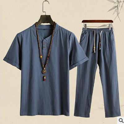 Men's Summer Chinese Style Sets Vintage Cotton Linen Short Sleeve V-neck Shirt and Pants Suit Sets Loose Casual Men Outfits