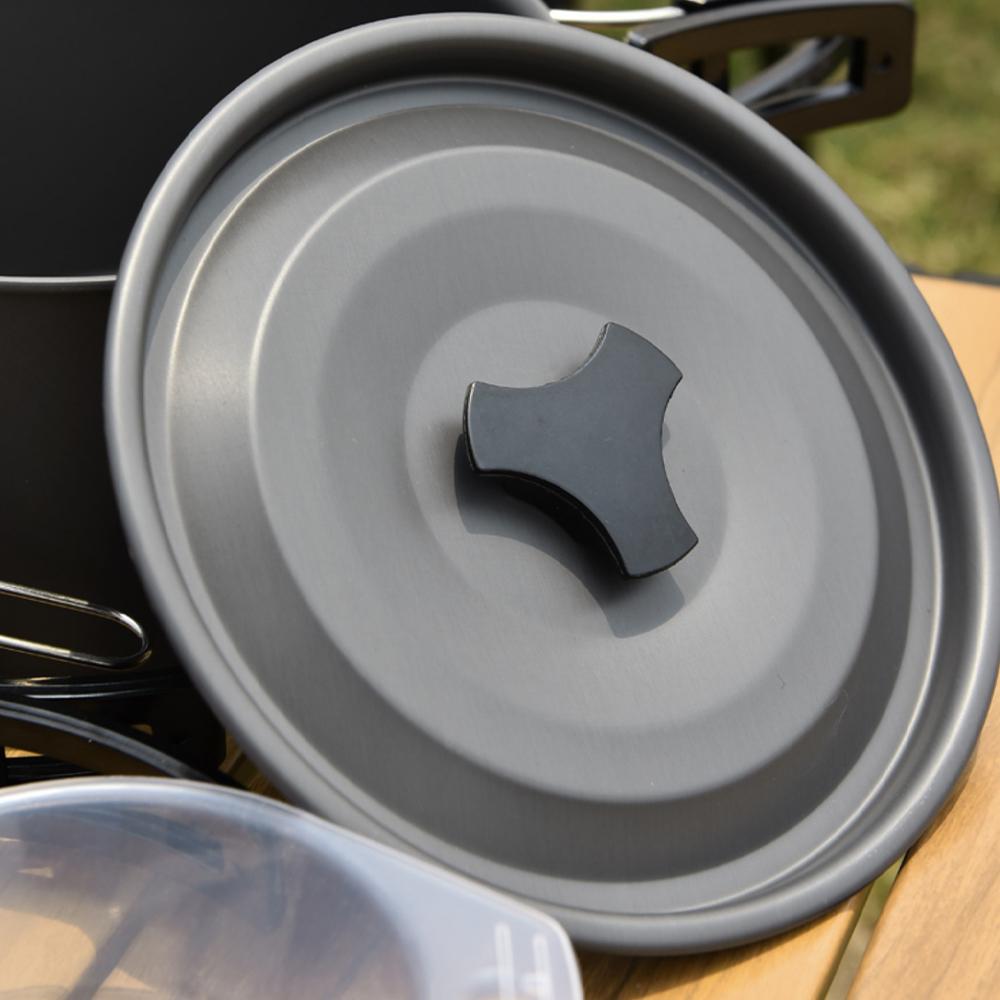 15Pcs Hard Anodized Camping Cookware Set for 4-5 People, Portable Outdoor Combo Kit with Pot, Frying Pan, 1.2L Kettle & Tableware, Black Handles