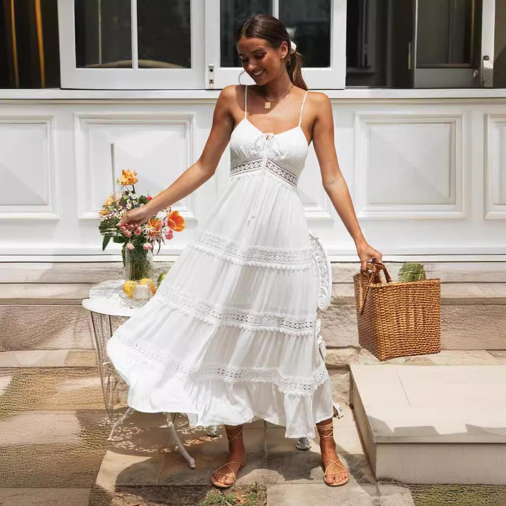 2026 New Women's Bohemian Suspender Dress Lace Splicing Dress