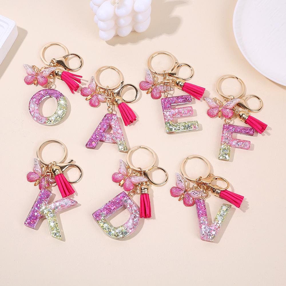 Gradient Color Initial Keychain with Sequin Butterfly & Tassel - Perfect Jewelry Bag Accessory & Holiday Gift