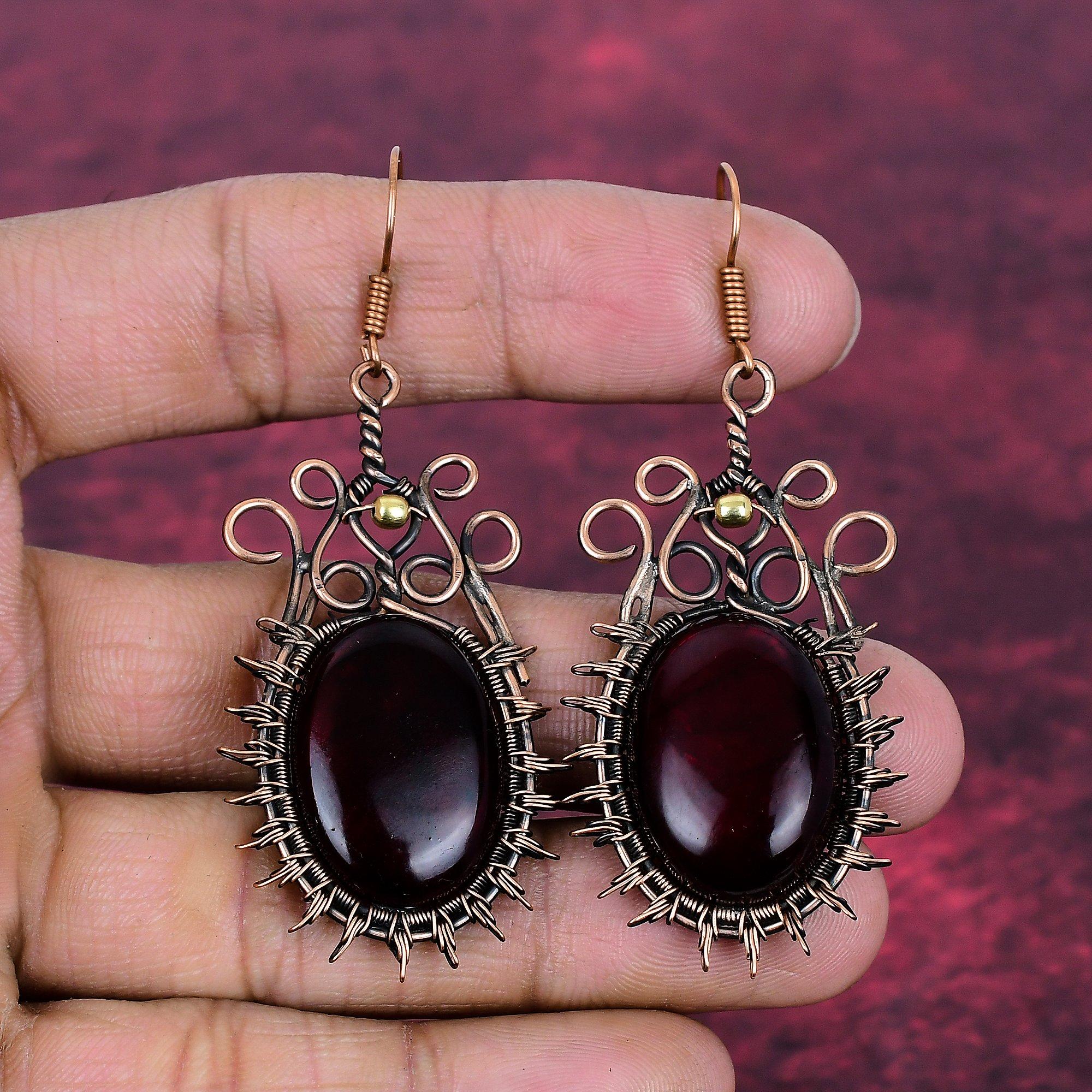 Red Fire Labradorite Gemstone Earrings Handmade Copper Wire Wrapped Drop Earring