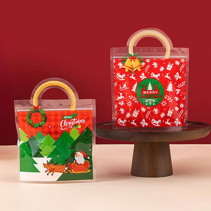 10 Pcs Christmas Candy Bag Biscuit Plastic Handbag Cartoon Elk Snow Man Pattern Christmas Party Packaging Bag Xmas Supplies
