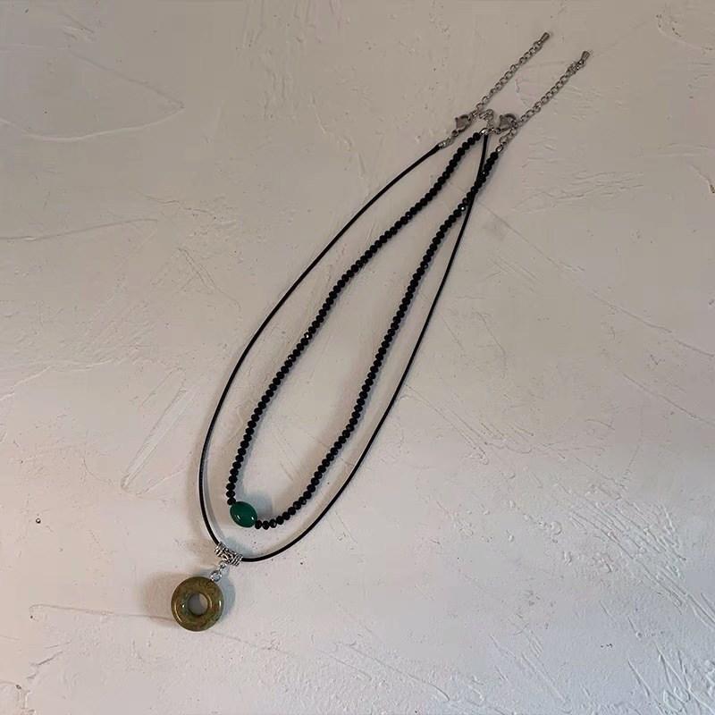 Vintage Handmade Double Layer Necklace with Natural Stone Circle Pendant - Retro Ethnic Style for Women