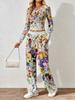 Floral pattern printed women's V-neck long-sleeved trousers set Comfortable casual versatile slim two-piece set