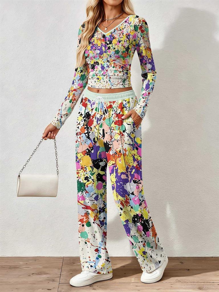 Floral pattern printed women's V-neck long-sleeved trousers set Comfortable casual versatile slim two-piece set