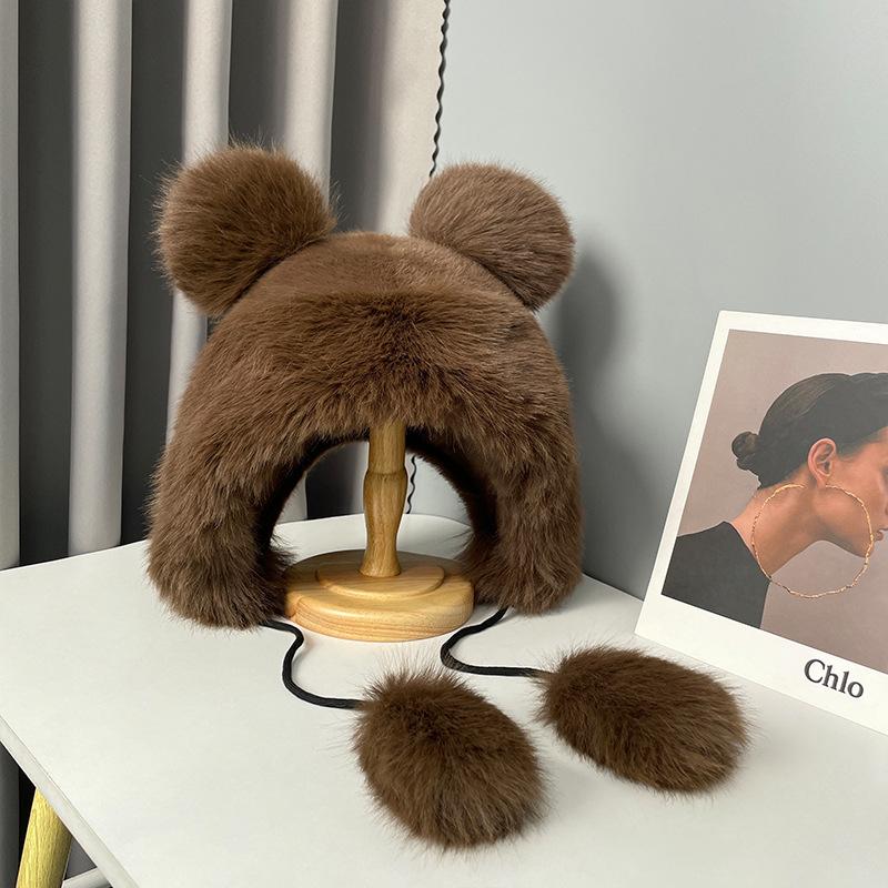 Cute Bear Ears Plush Hat Women's Winter Cycling Cold Protection Thickened Warm Face Small Ear Hat