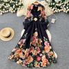 Retro Elegant Printed Strap Flower Belt Dress Women's Long-sleeved Lace-up Waist A-shaped Dress Commuter Wear