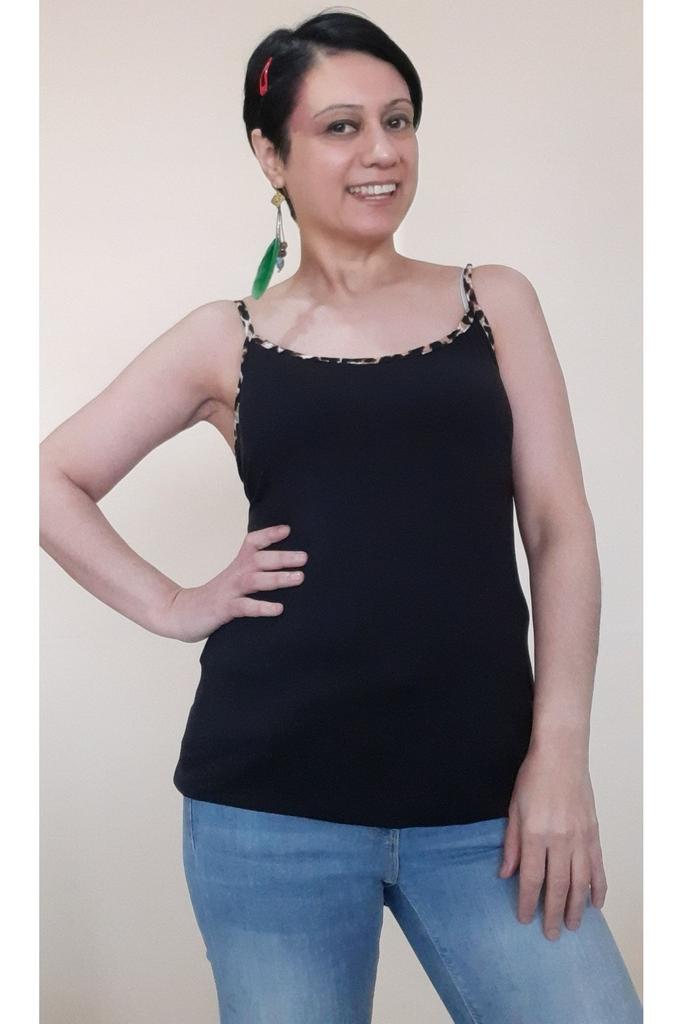 Women's Style Big Size T-Shirt Black Combed Cotton Viscose T-Shirt With Leopard Piping Detail And Rope Strap