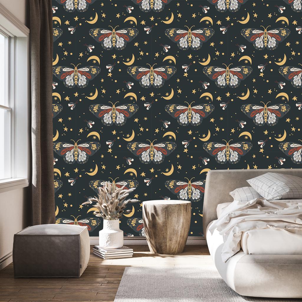 Rainbows and Butterflies Boho Wallpaper, Turquoise and Graphite, for Living Room and Bedroom, 50x1000