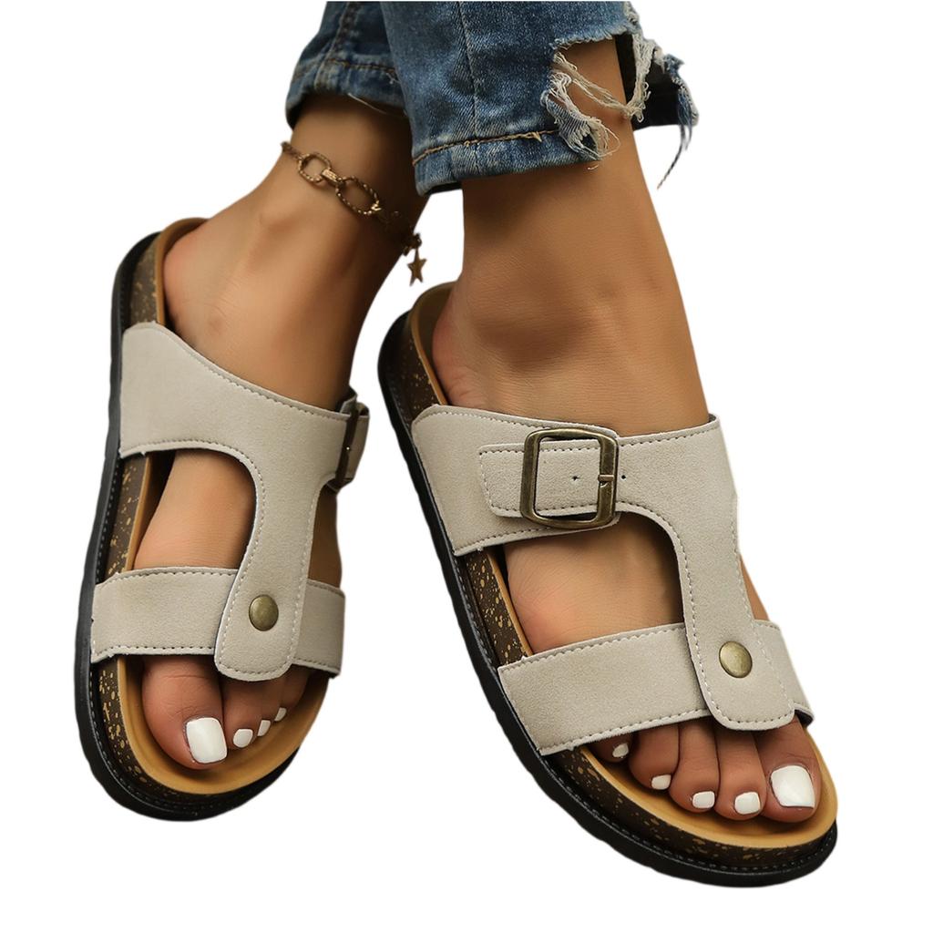 Women’s Slip On Buckle Strap Flat Sandals Open Toe Summer Slides Casual One Band Beach Comfort Mule Sandal Shoes
