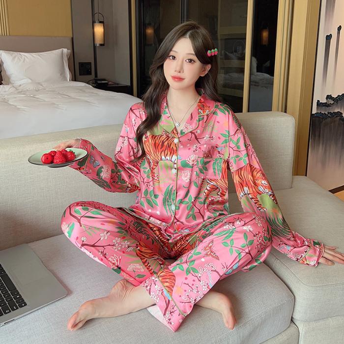

Spring Summer Pajama Women Silk Satin Pajamas Set Long Sleeve Tops Trouser Two Piece Set Sleepwear Loungewear Button Down Pijama XXL