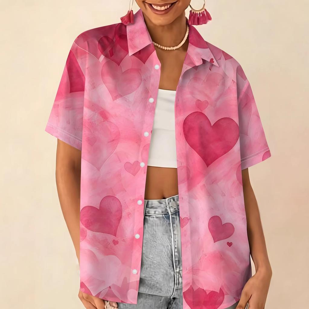 Love printed short-sleeved shirt women's summer loose casual lapel shirt retro niche top