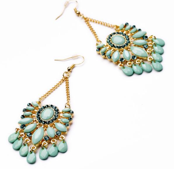 Fashion high-end earrings, party temperament jadeite tassel earrings, Korean version diamond-set exaggerated women's ear jewelry