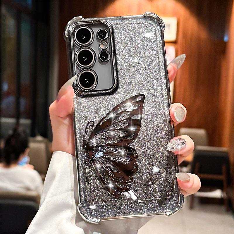 

Laser Butterfly Shockproof Glitter Plating Case for Samsung Galaxy S25 edge S24 S23 S22 S21 S20 Note 20 10 Ultra Plus FE Cover S20 Ultra серебряный