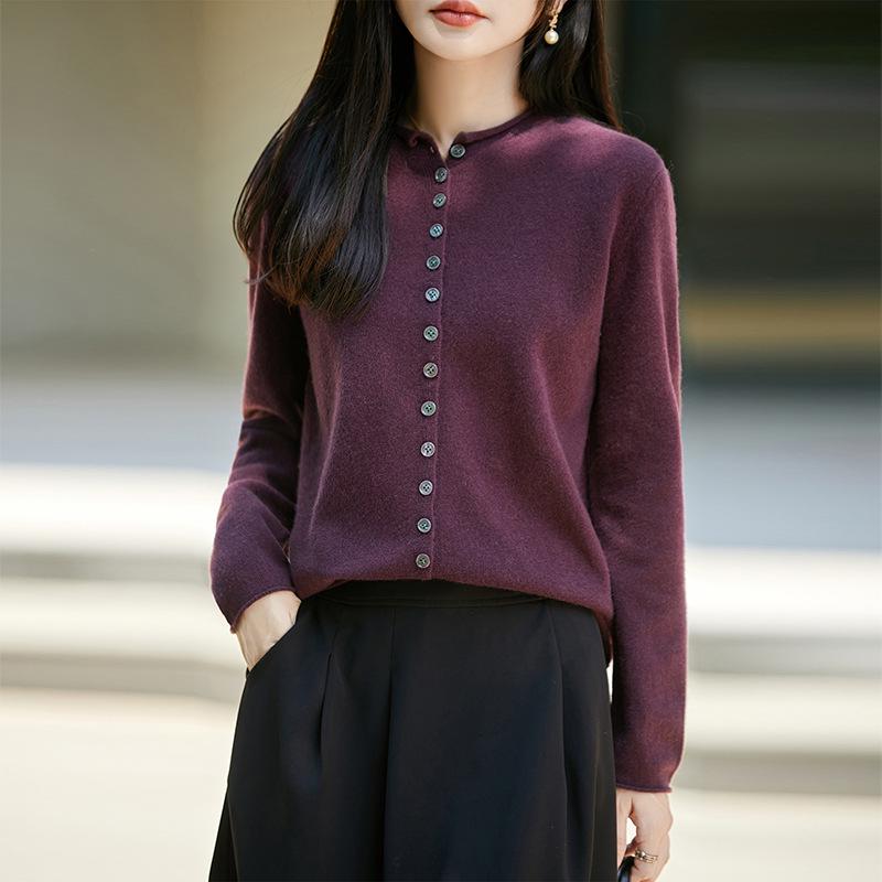 Women's 100% Wool Round Neck Button-Up Cardigan: Autumn/Winter Rolled Hem Knit Sweater